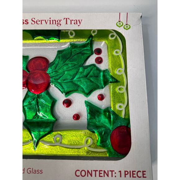 NEW Hand-Painted Glass Serving Tray Platter 14x9 Christmas Holly Leaves - Picture 3 of 8